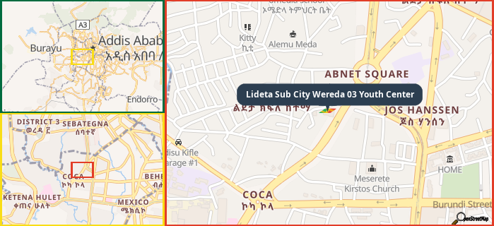 Map showing the address of Lideta Sub City Wereda 03 Youth Center in three different zoom levels.