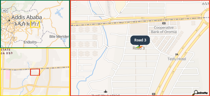 Map showing the address of Road 3 in three different zoom levels.