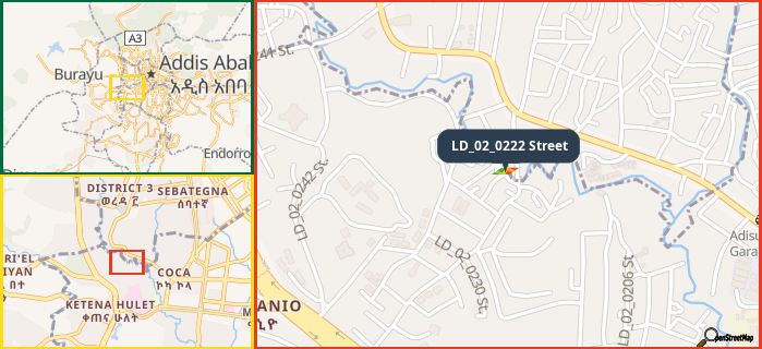 Map showing the address of LD_02_0222 Street in three different zoom levels.