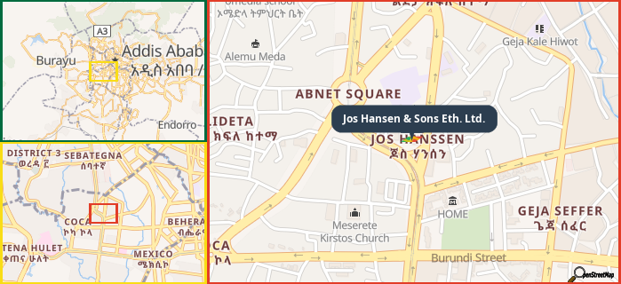 Map showing the address of Jos Hansen & Sons Eth. Ltd. in three different zoom levels.