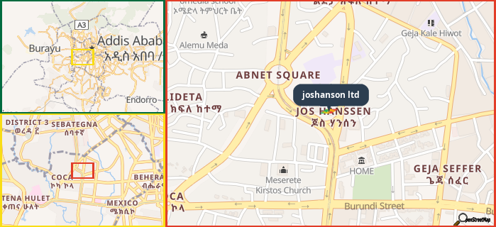 Map showing the address of joshanson ltd in three different zoom levels.