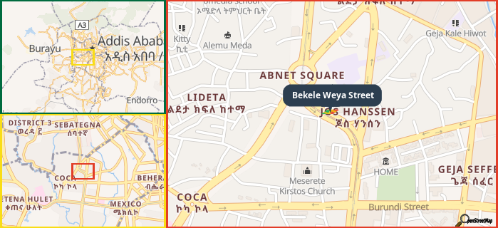 Map showing the address of Bekele Weya Street in three different zoom levels.