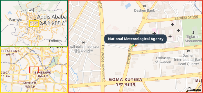 Map showing the address of National Meteorological Agency in three different zoom levels.