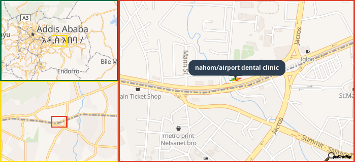 Map showing the address of nahom/airport dental clinic in three different zoom levels.