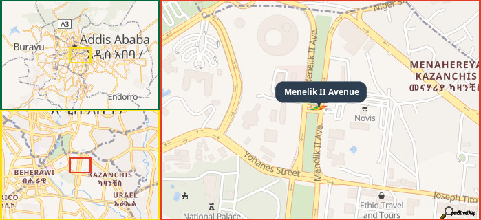 Map showing the address of Menelik II Avenue in three different zoom levels.