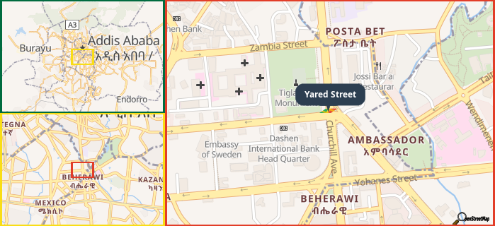 Map showing the address of Yared Street in three different zoom levels.