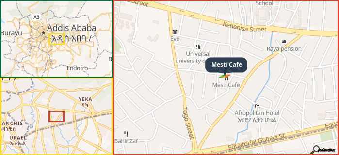 Map showing the address of Mesti Cafe in three different zoom levels.