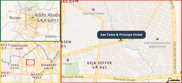 Map showing the address of Sao Tome & Principe Street in three different zoom levels.