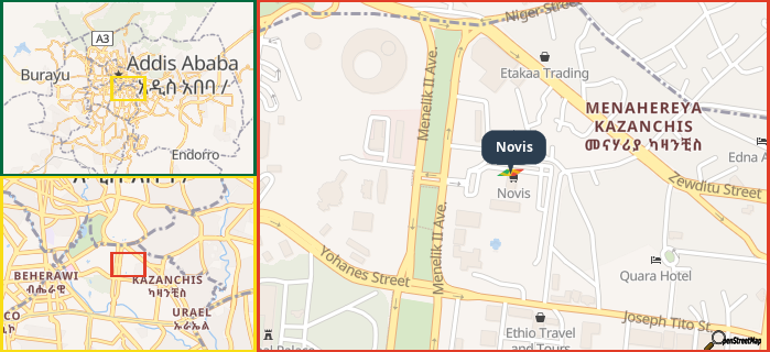 Map showing the address of Novis in three different zoom levels.