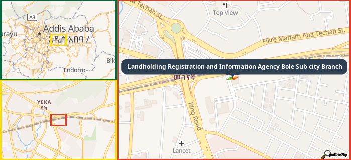 Map showing the address of Landholding Registration and Information Agency Bole Sub city Branch in three different zoom levels.