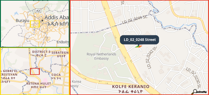 Map showing the address of LD_02_0248 Street in three different zoom levels.