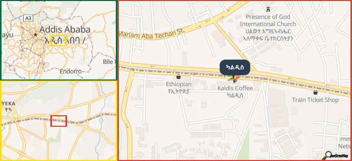 Map showing the address of ካልዲስ in three different zoom levels.