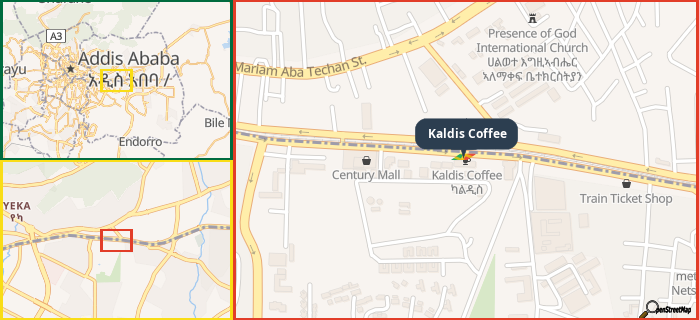 Map showing the address of Kaldis Coffee in three different zoom levels.