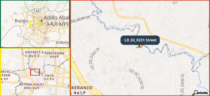 Map showing the address of LD_02_0231 Street in three different zoom levels.