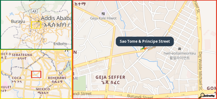 Map showing the address of Sao Tome & Principe Street in three different zoom levels.