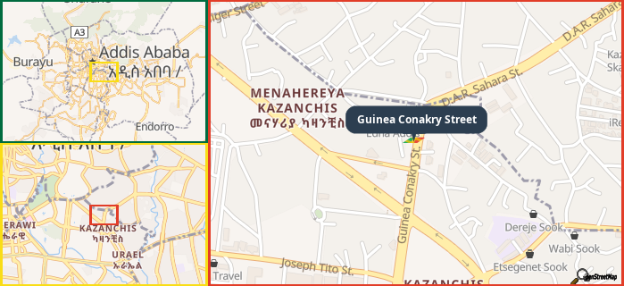 Map showing the address of Guinea Conakry Street in three different zoom levels.