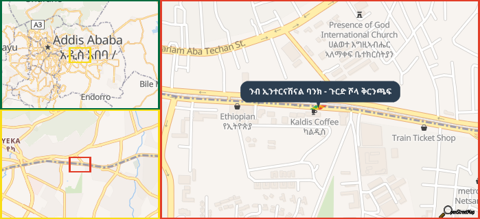 Map showing the address of ንብ ኢንተርናሽናል ባንክ - ጉርድ ሾላ ቅርንጫፍ in three different zoom levels.