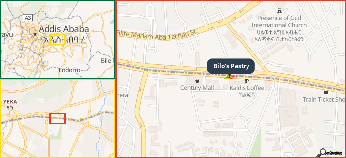 Map showing the address of Bilo's Pastry in three different zoom levels.