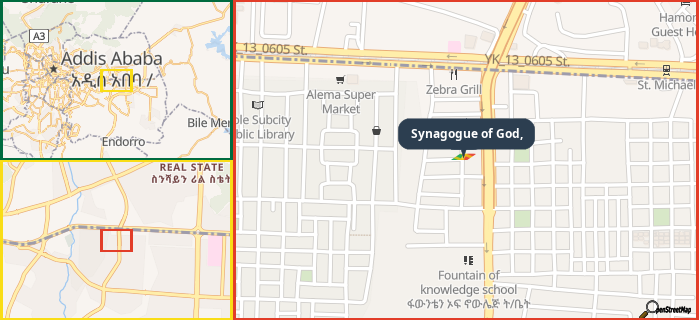 Map showing the address of Synagogue of God, in three different zoom levels.