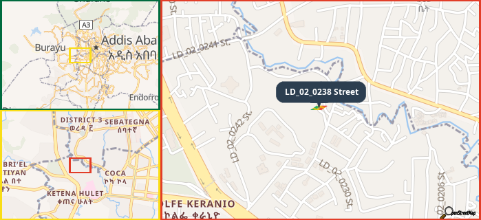 Map showing the address of LD_02_0238 Street in three different zoom levels.