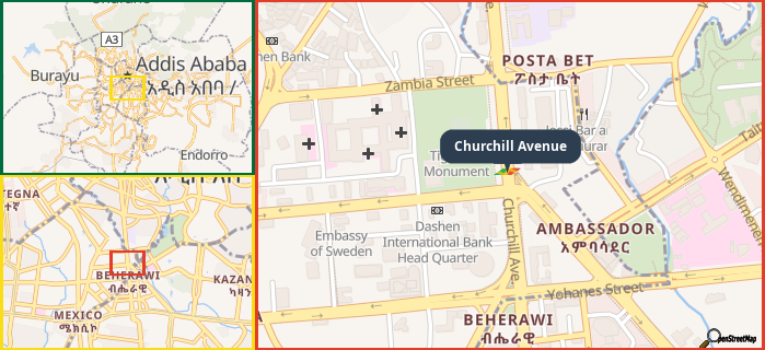 Map showing the address of Churchill Avenue in three different zoom levels.