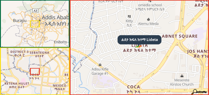 Map showing the address of ልደታ ክፍለ ከተማ Lideta in three different zoom levels.