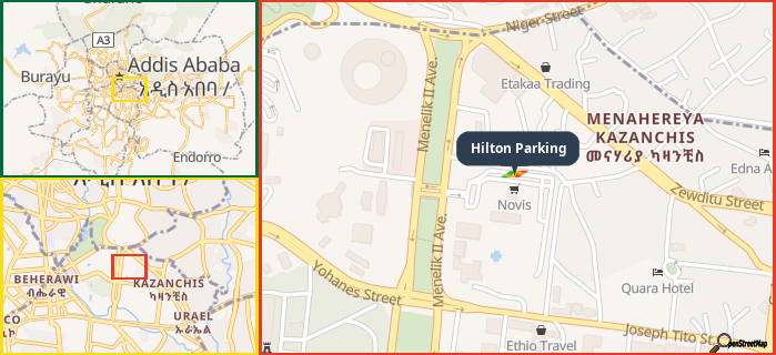 Map showing the address of Hilton Parking in three different zoom levels.