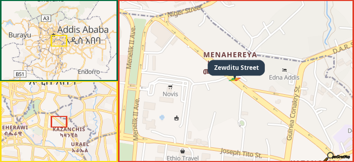 Map showing the address of Zewditu Street in three different zoom levels.