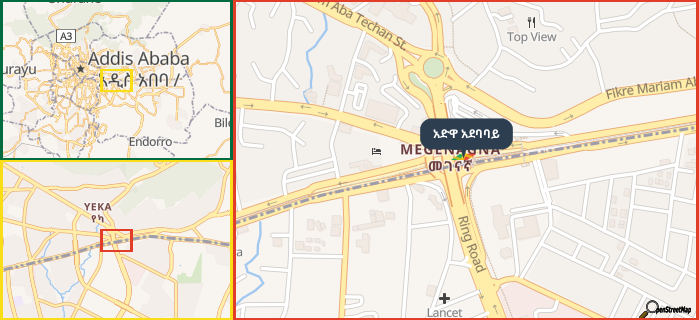 Map showing the address of አድዋ አደባባይ in three different zoom levels.