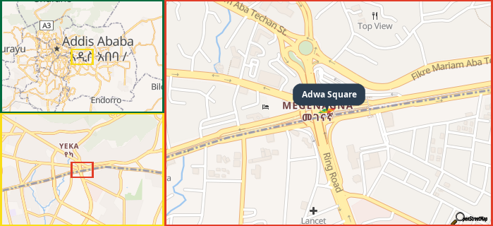 Map showing the address of Adwa Square in three different zoom levels.