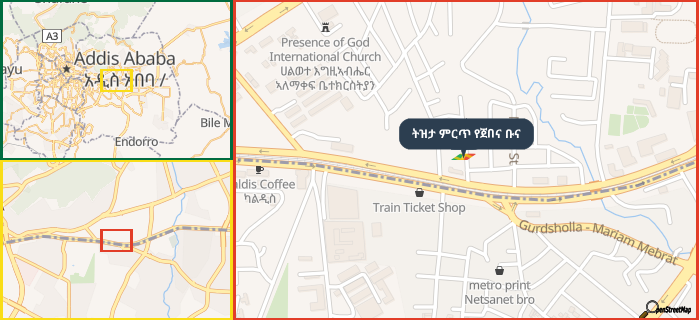 Map showing the address of ትዝታ ምርጥ የጀበና ቡና in three different zoom levels.