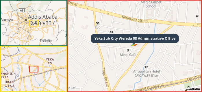 Map showing the address of Yeka Sub City Wereda 08 Administrative Office in three different zoom levels.