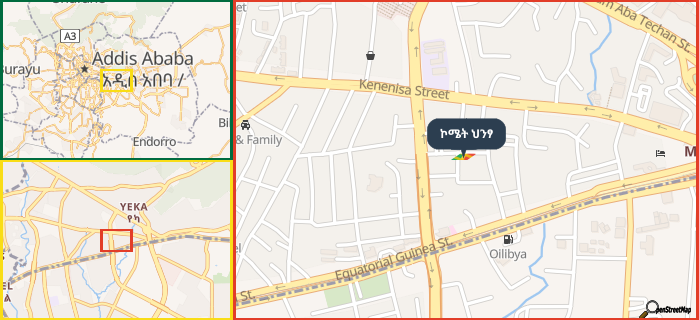 Map showing the address of ኮሜት ህንፃ in three different zoom levels.