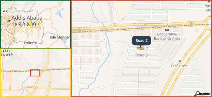 Map showing the address of Road 2 in three different zoom levels.