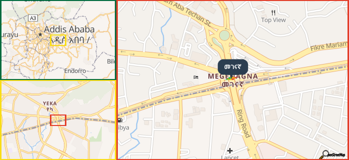 Map showing the address of መገናኛ in three different zoom levels.
