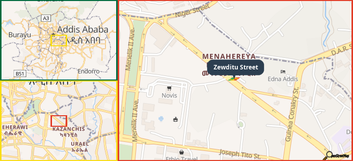 Map showing the address of Zewditu Street in three different zoom levels.