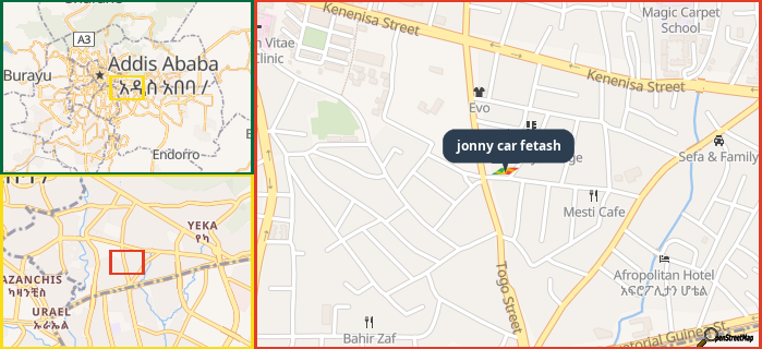 Map showing the address of jonny car fetash in three different zoom levels.
