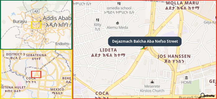 Map showing the address of Dejazmach Balcha Aba Nefso Street in three different zoom levels.