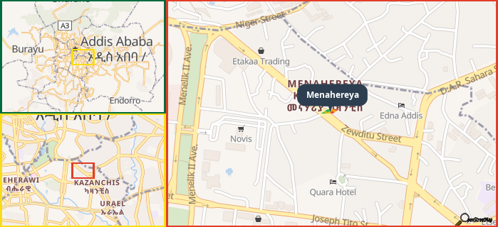 Map showing the address of Menahereya in three different zoom levels.