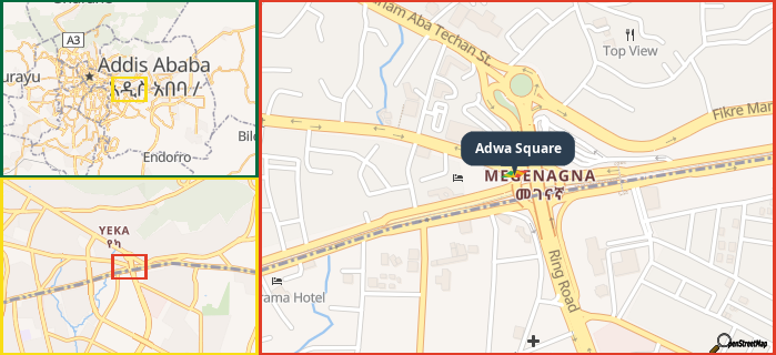 Map showing the address of Adwa Square in three different zoom levels.