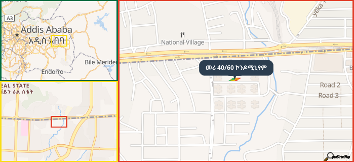 Map showing the address of መሪ 40/60 ኮንዶሚኒየም in three different zoom levels.