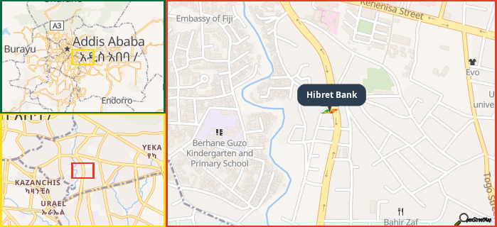 Map showing the address of Hibret Bank in three different zoom levels.