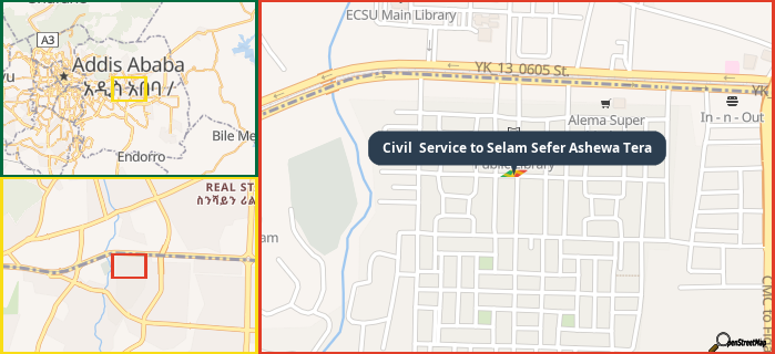 Map showing the address of Civil  Service to Selam Sefer Ashewa Tera in three different zoom levels.
