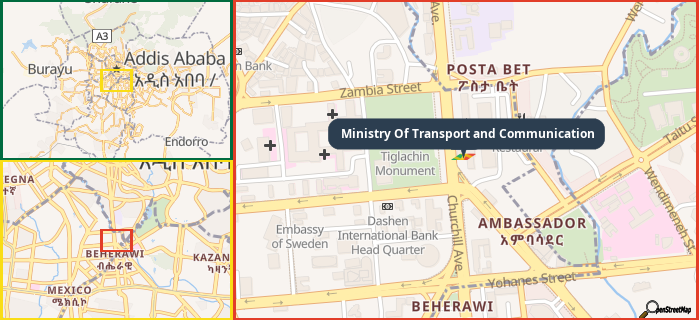 Map showing the address of Ministry Of Transport and Communication in three different zoom levels.