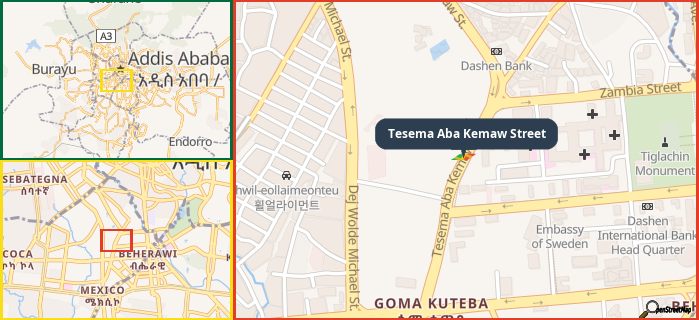 Map showing the address of Tesema Aba Kemaw Street in three different zoom levels.