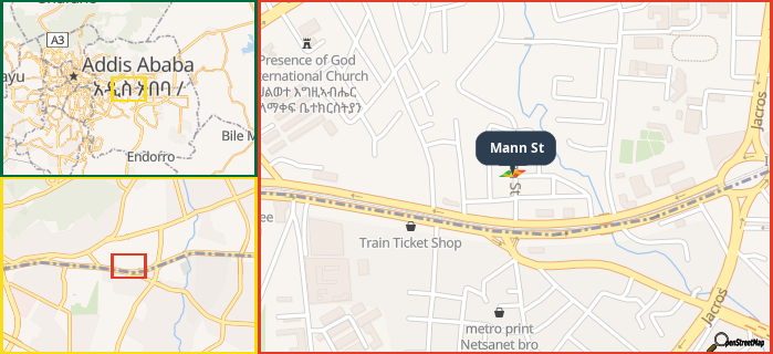 Map showing the address of Mann St in three different zoom levels.