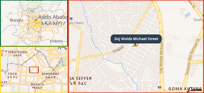 Map showing the address of Dej Wolde Michael Street in three different zoom levels.