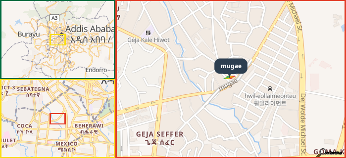 Map showing the address of mugae in three different zoom levels.