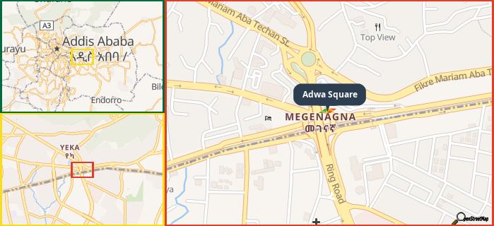 Map showing the address of Adwa Square in three different zoom levels.
