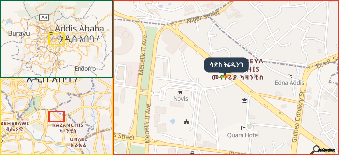 Map showing the address of ሳድስ ትሬዲንግ in three different zoom levels.